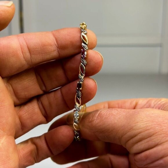 Vermeil Silver Multi-Gemstone Link Gold Color Bracelet With Secure Clasp - Picture 5 of 9